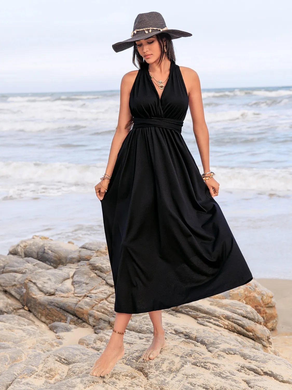 Surplice Sleeveless Ruched Midi Dress