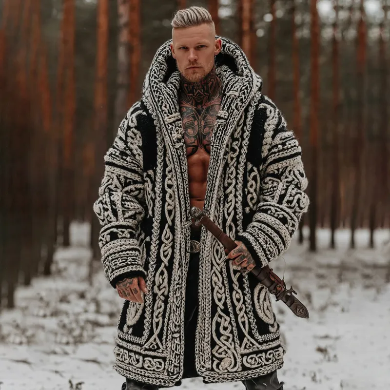 Men's Viking Celtic Knot Contrast Jacquard Cozy Midi Cardigan Sweater