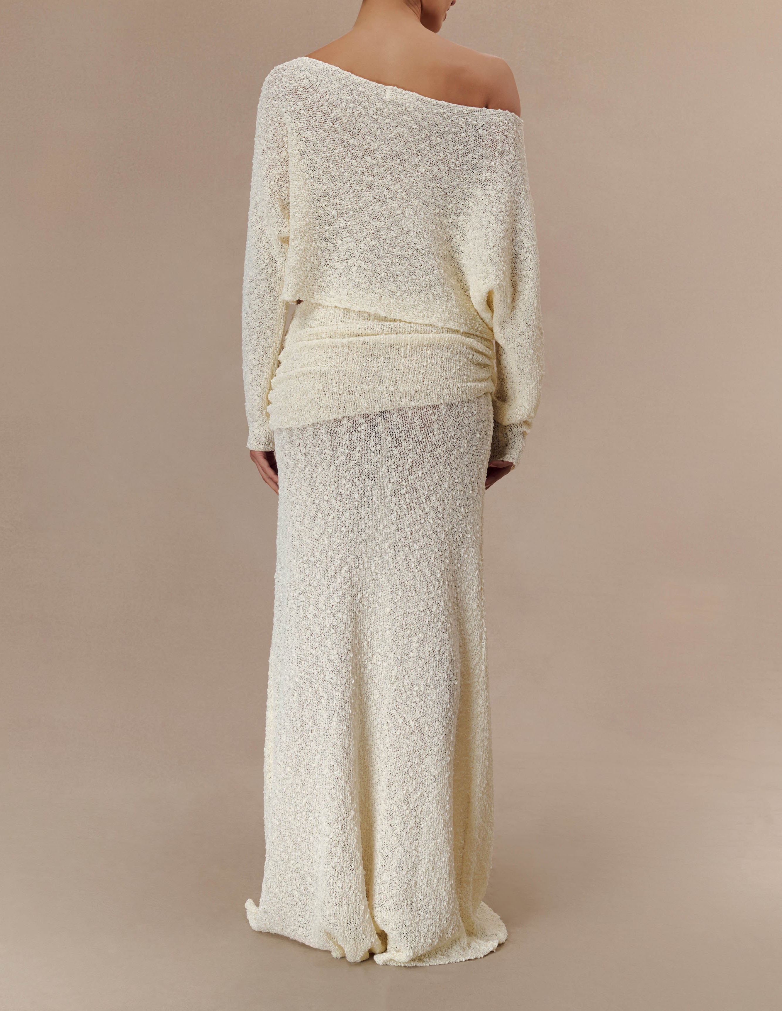 Ivory Ruched Knit Maxi Skirt