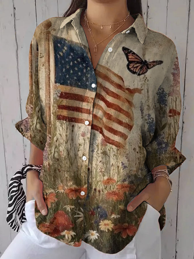 Women'S Retro American Flag Printed Casual Shirt