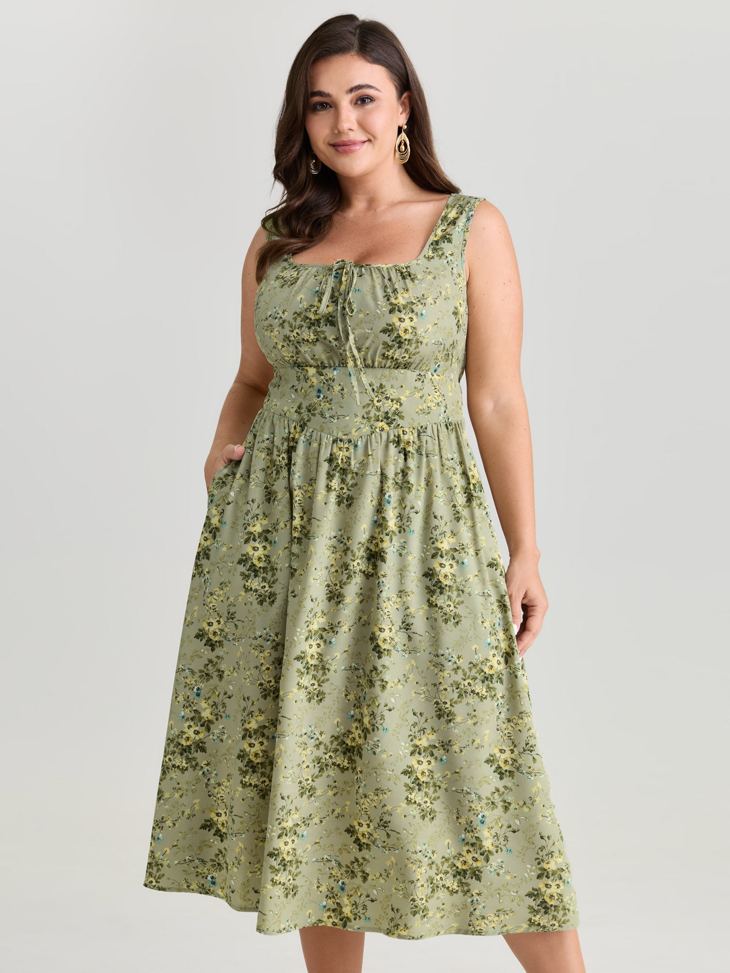 Floral Print Adjustable Bust-Tie Pockets Midi Dress