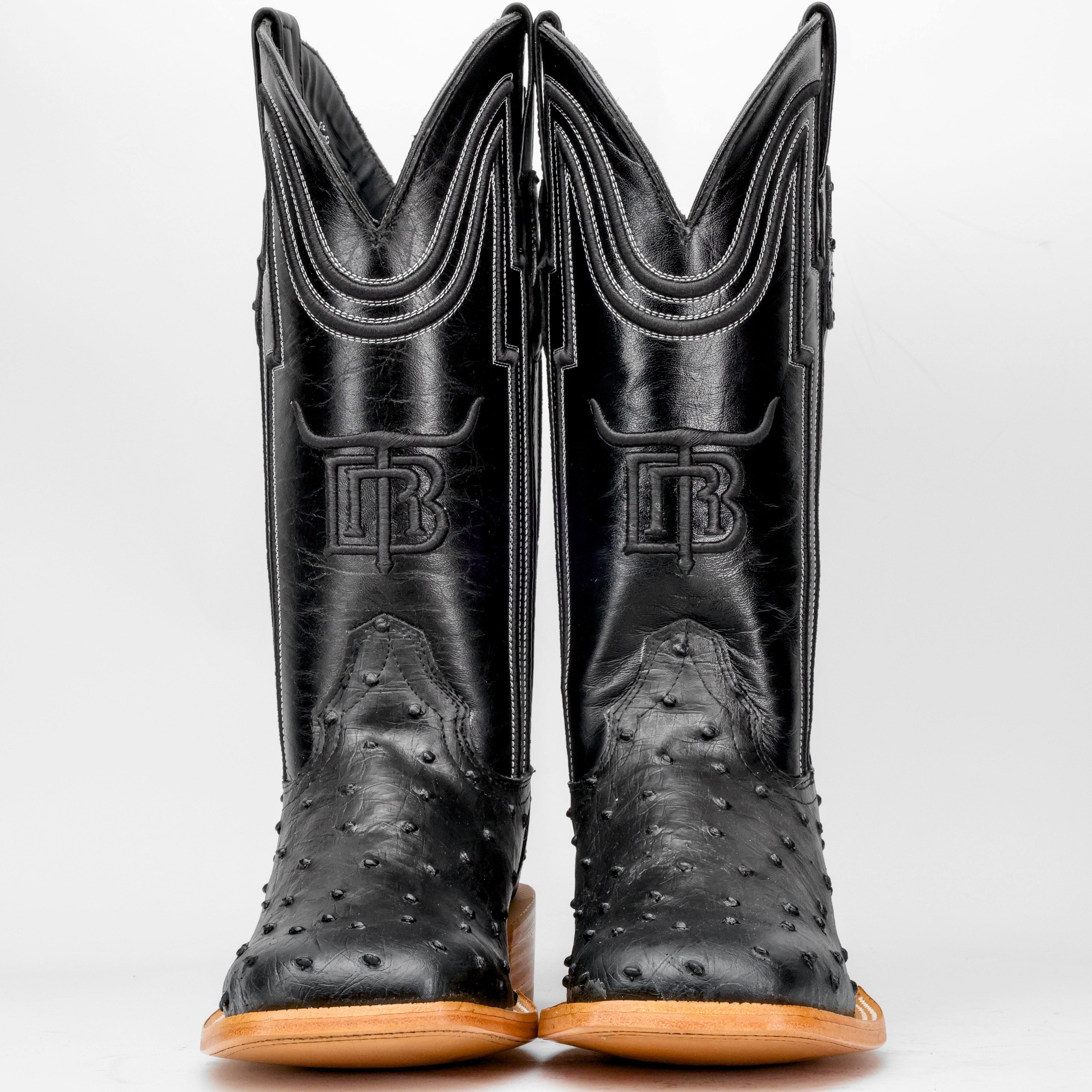 Black Ostrich Leather Boots - Square Toe
