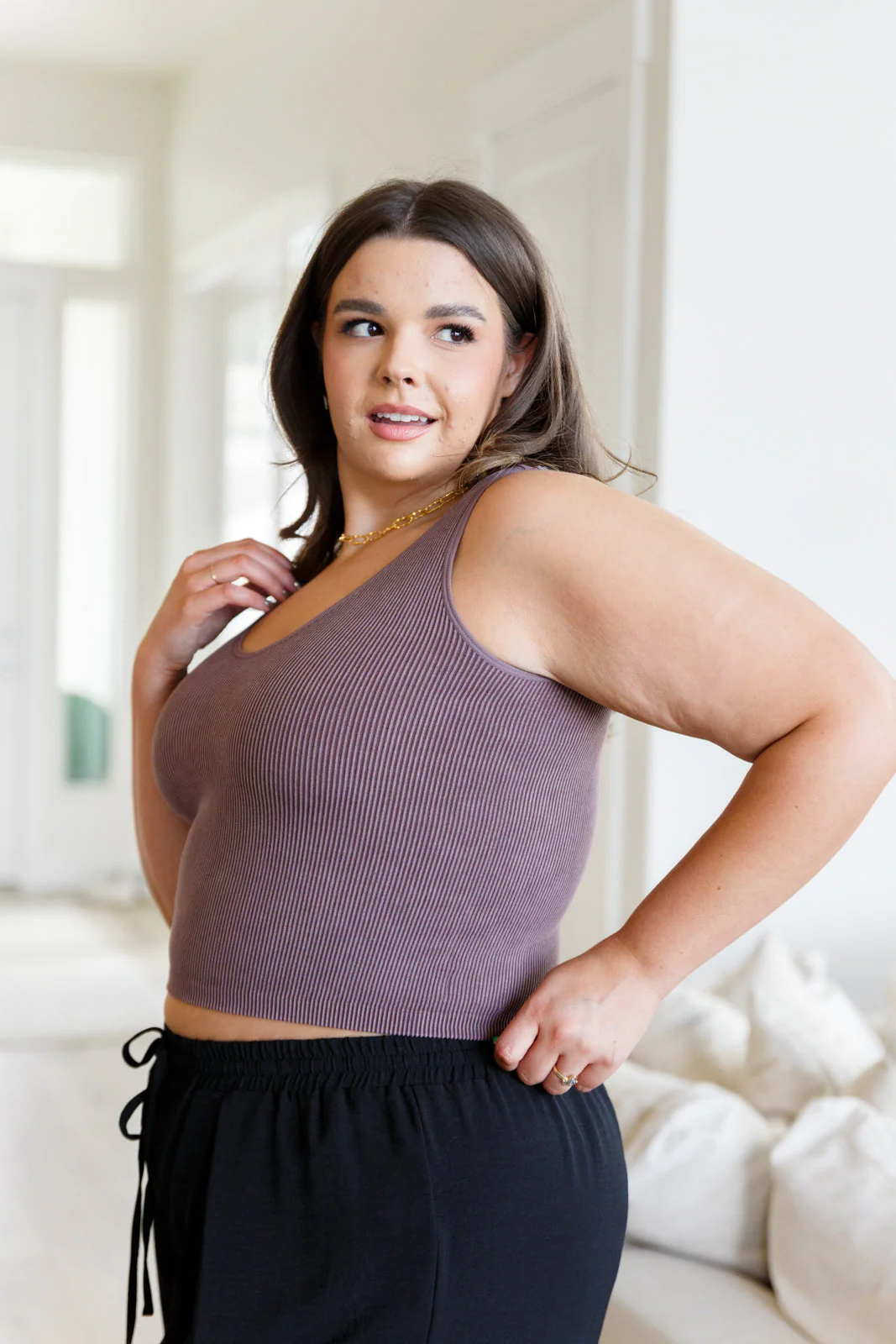 Ribbed Seamless Reversible Tank in Brown