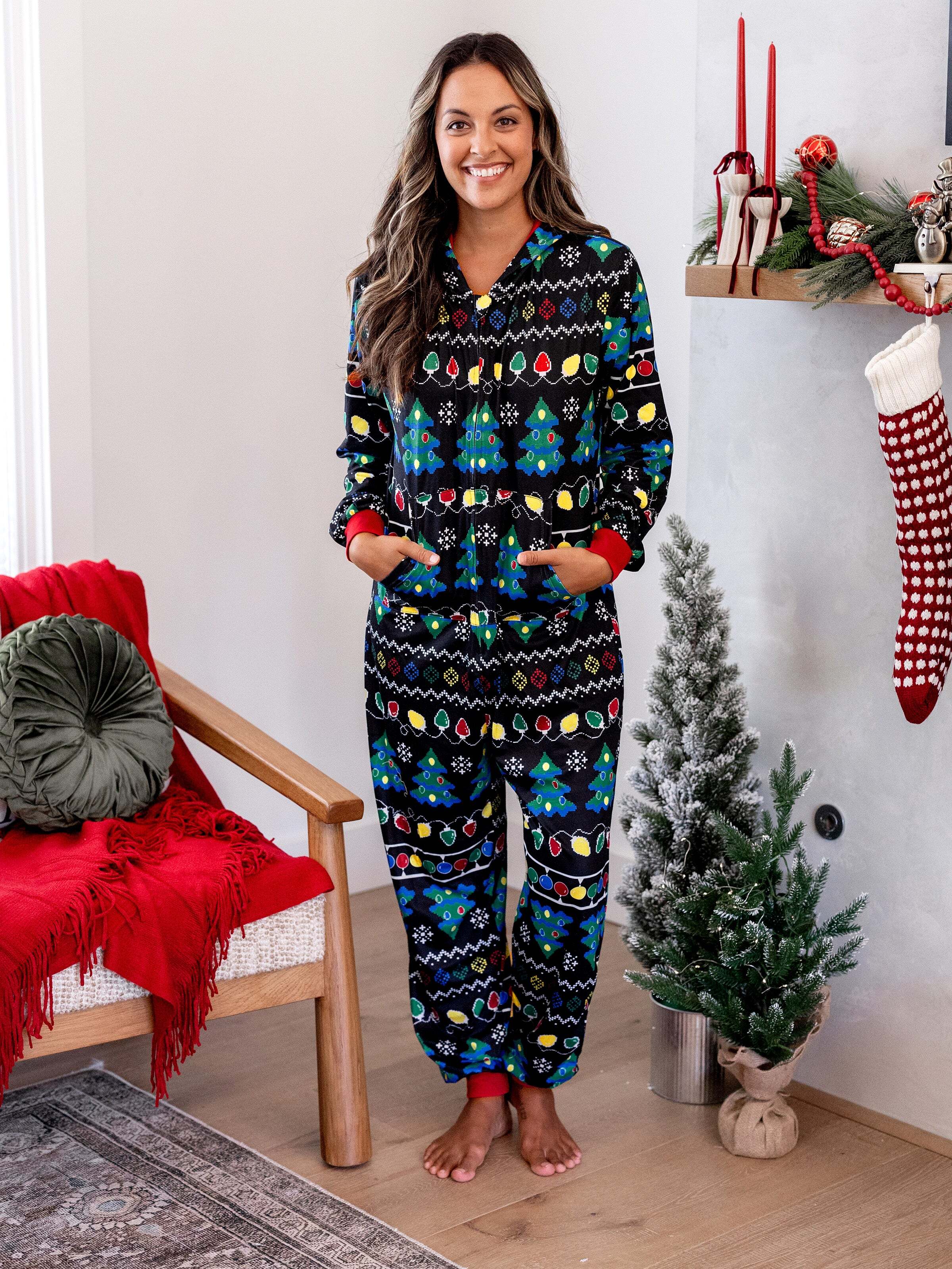 Christmas Onesies Matching Family Pajamas Set Christmas Tree Print PJS with Christmas Socks Black
