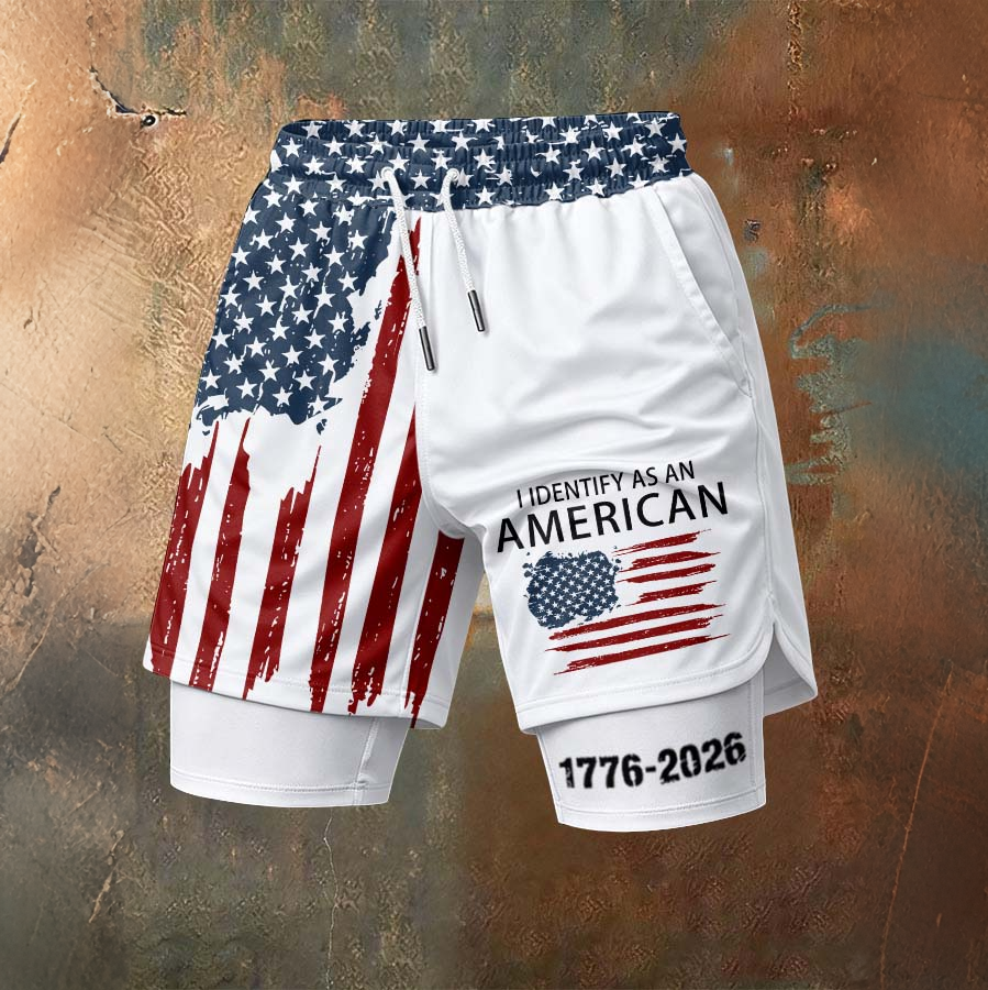 Men'S Independence Day Founding Celebration Printed Pattern Slim Fit Double Layer Sports Elastic Belt Quick Drying Breathable Shorts