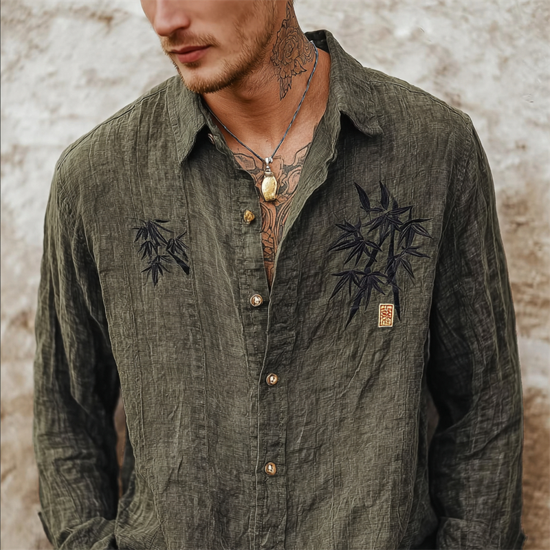 Men's Japanese Bamboo Embroidered Washed Linen Shirt