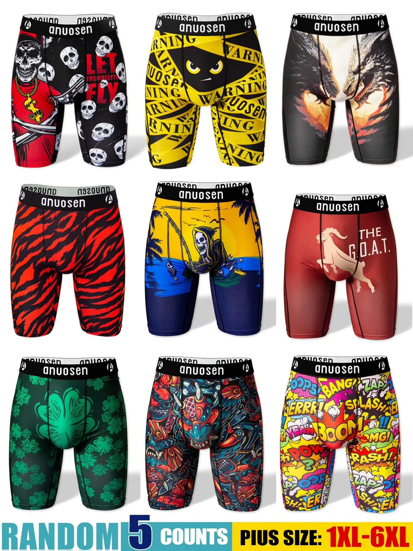 Random 5-Piece Set Plus Size Men's Long Thong Underwear, Breathable Sport Briefs, Quick-Dry