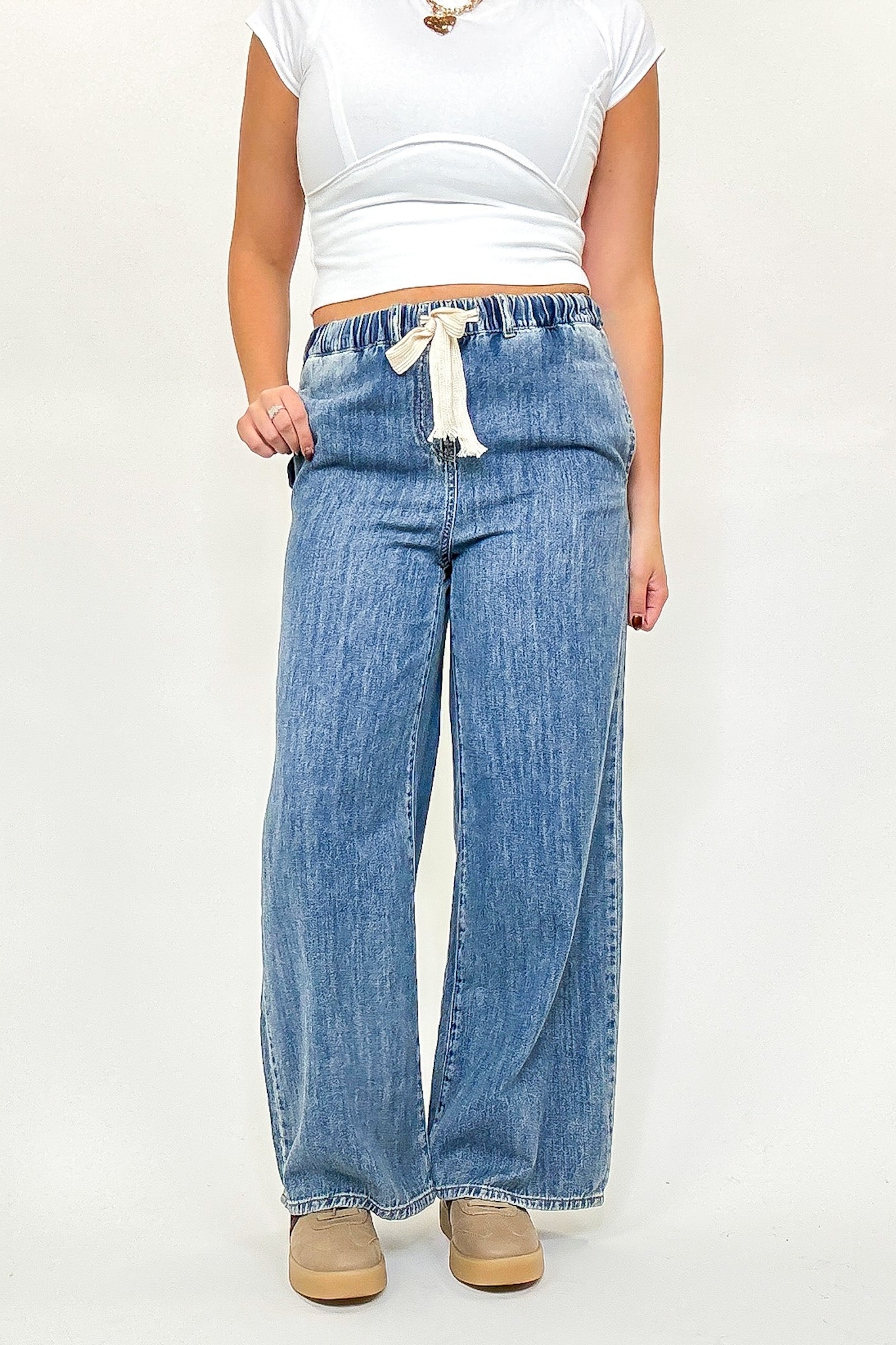 Luxe Leisure Drawstring Elastic Waist Denim Pants