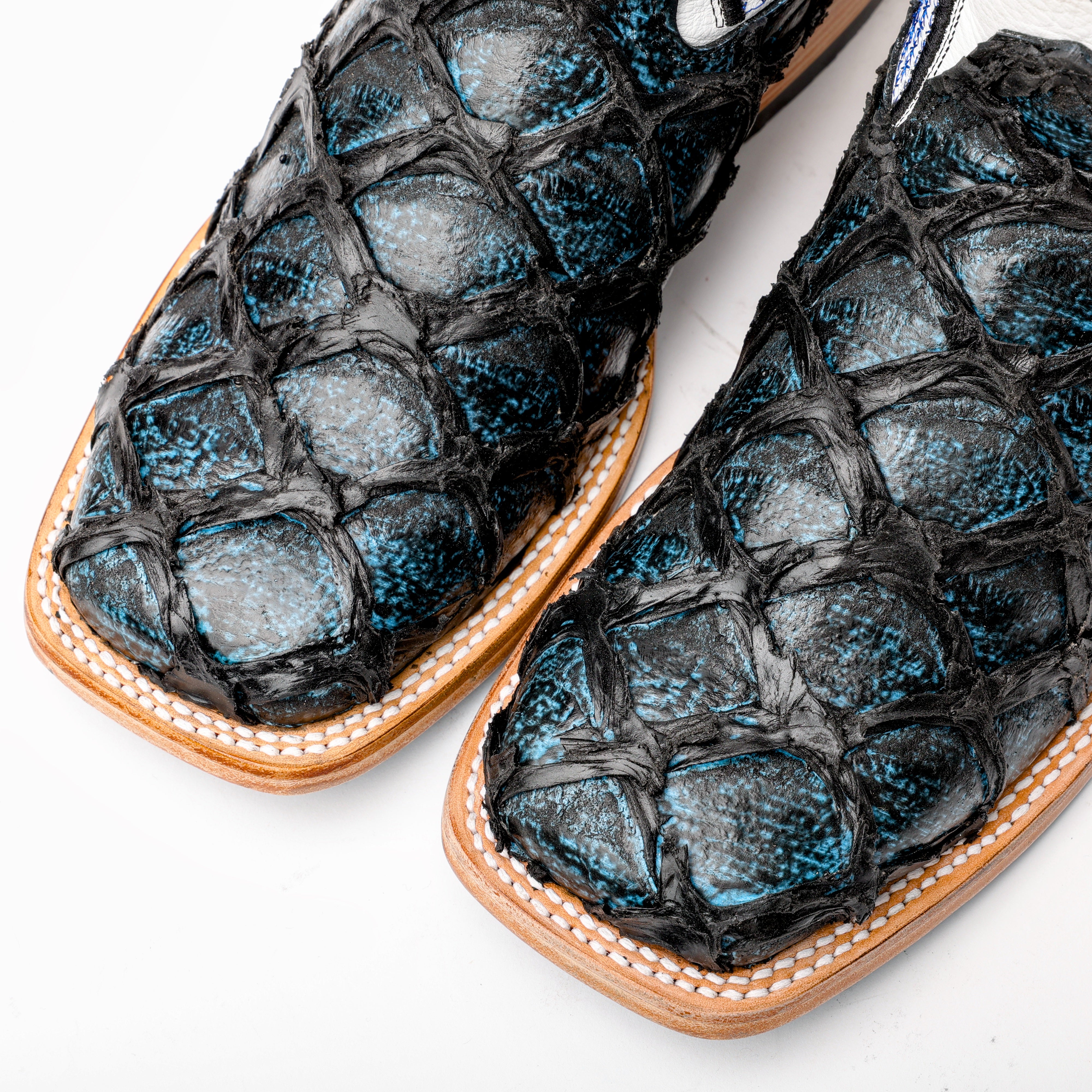 Midnight Blue Jumbo Pirarucu Leather Boots - Square Toe