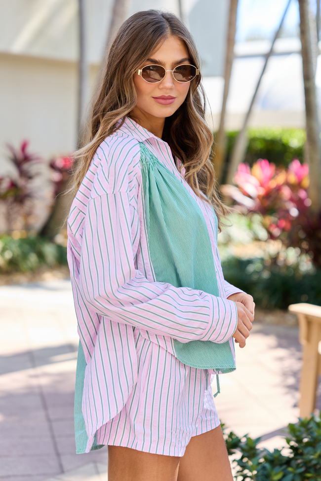 Palm Grove Light Pink and Green Multi Stripe Button Down Shirt
