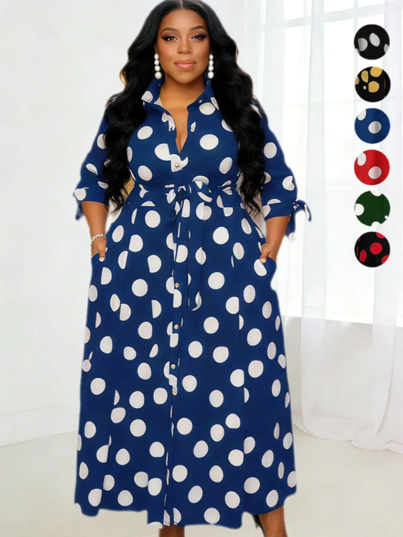 Plus Size Polka Dot Print Belted Button Front Shirt Dress