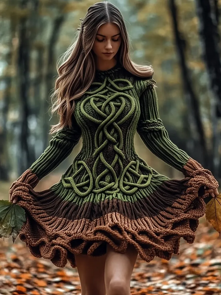 Women's Celtic Knotted Gradient Contrasting Colors Sweater Dress
