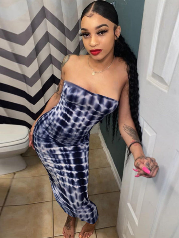 Tie-Dye Off-Shoulder Tube Top Bodycon Maxi Dress