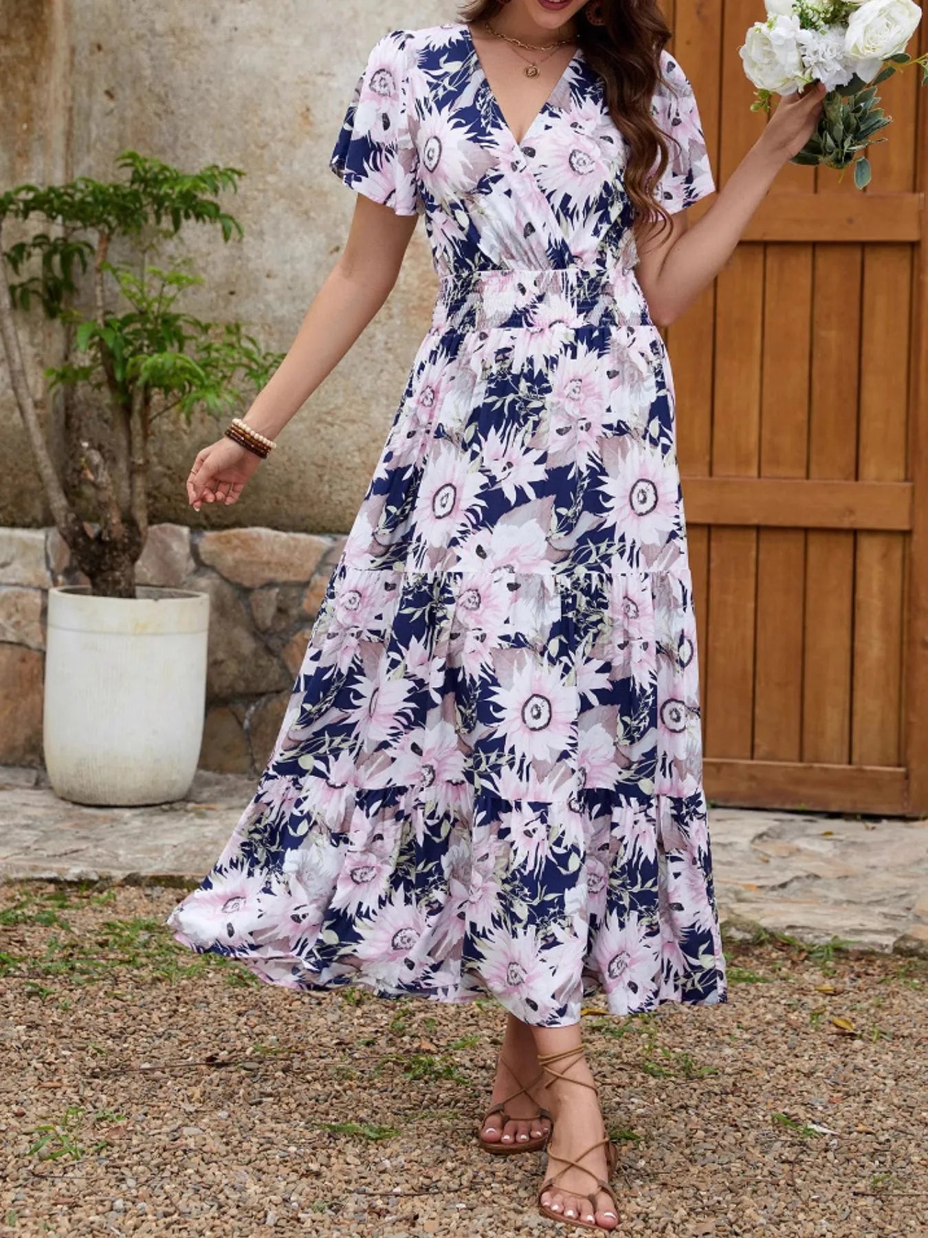 Floral Print Surplice Midi Dress