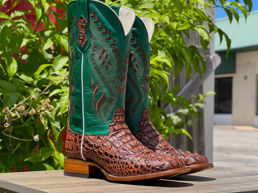 Men’s Cognac Crocodile Leather Boots With Green Shaft