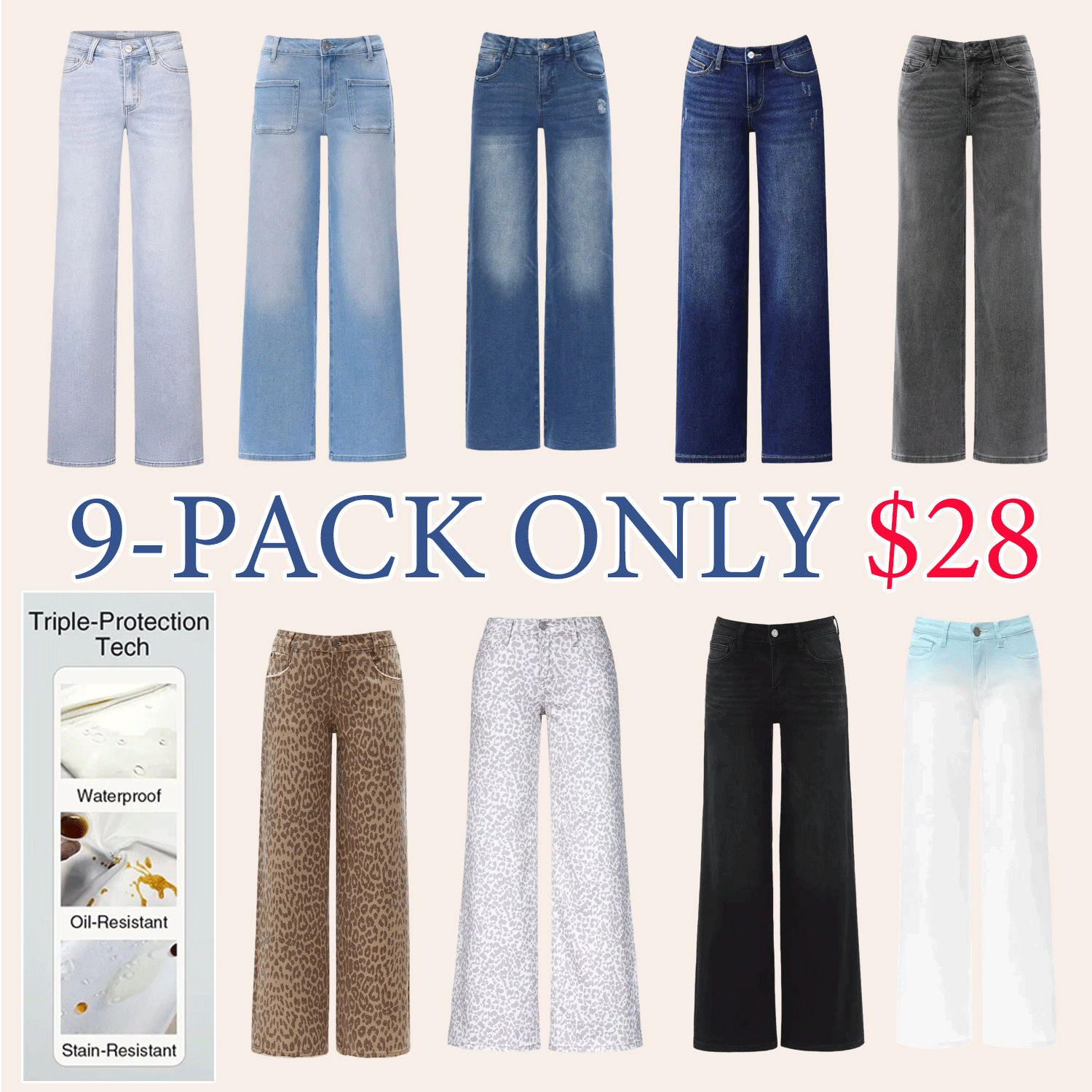 🔥🔥Women’s Mid-Low Rise Baggy Distressed Jeans – Stretchy Wide Leg Denim Pants