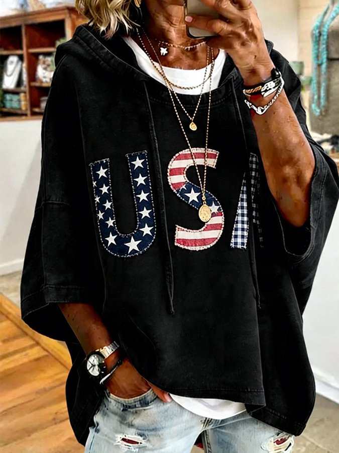 Patriotic Red USA Star Stripe Applique Oversized Hoodie