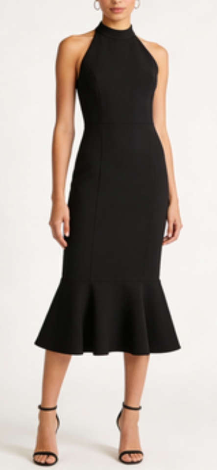 Chic Halter Neckline: Crepe Midi Dress with Flattering Fit & Flare Silhouette