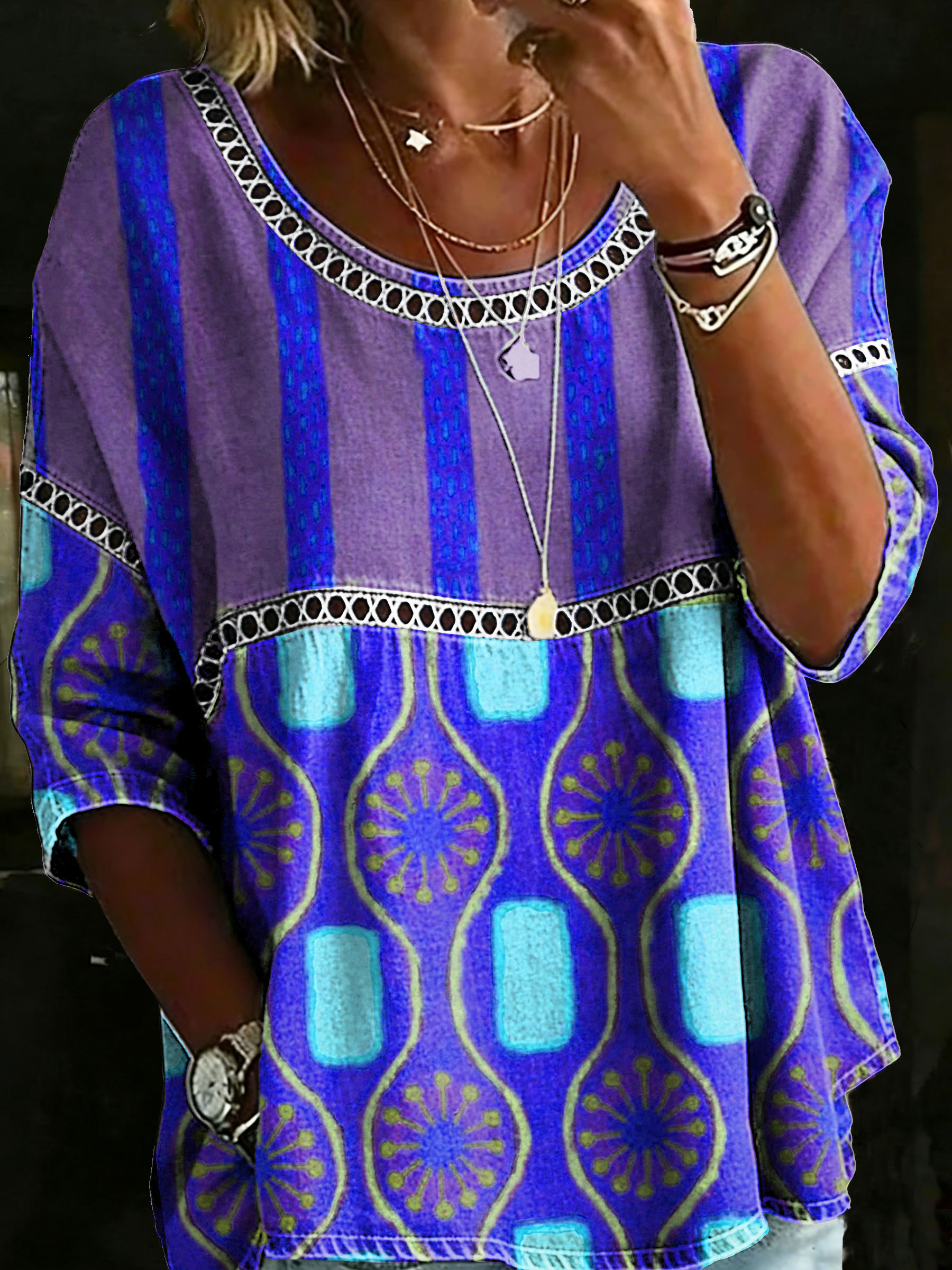 Women's Vintage Abstrct Casual Loose Denim Blouse Shirt