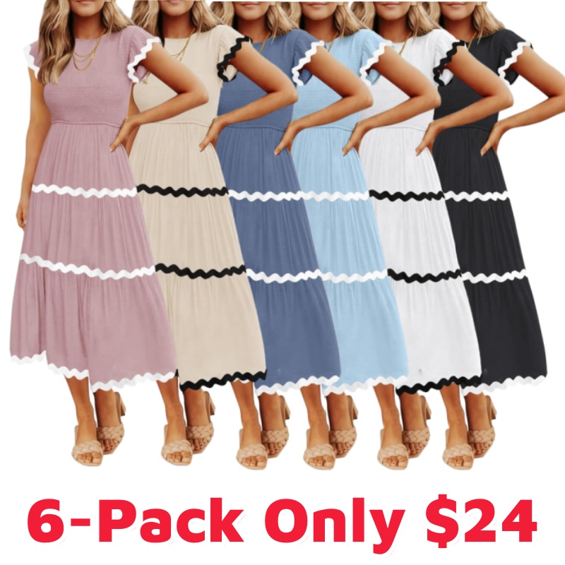 Womens Summer Casual Smocked Midi Dress 2026 Flutter Short Sleeve High Waist Tiered Flowy Boho Vacation Dresses