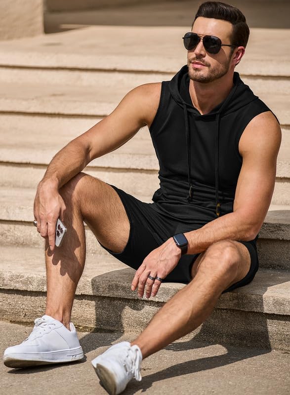 Men's Hoodie Short Set Workout Hooded Tank Top Solid Color 2 Piece Outfit Summer Sleeveless Tracksuits