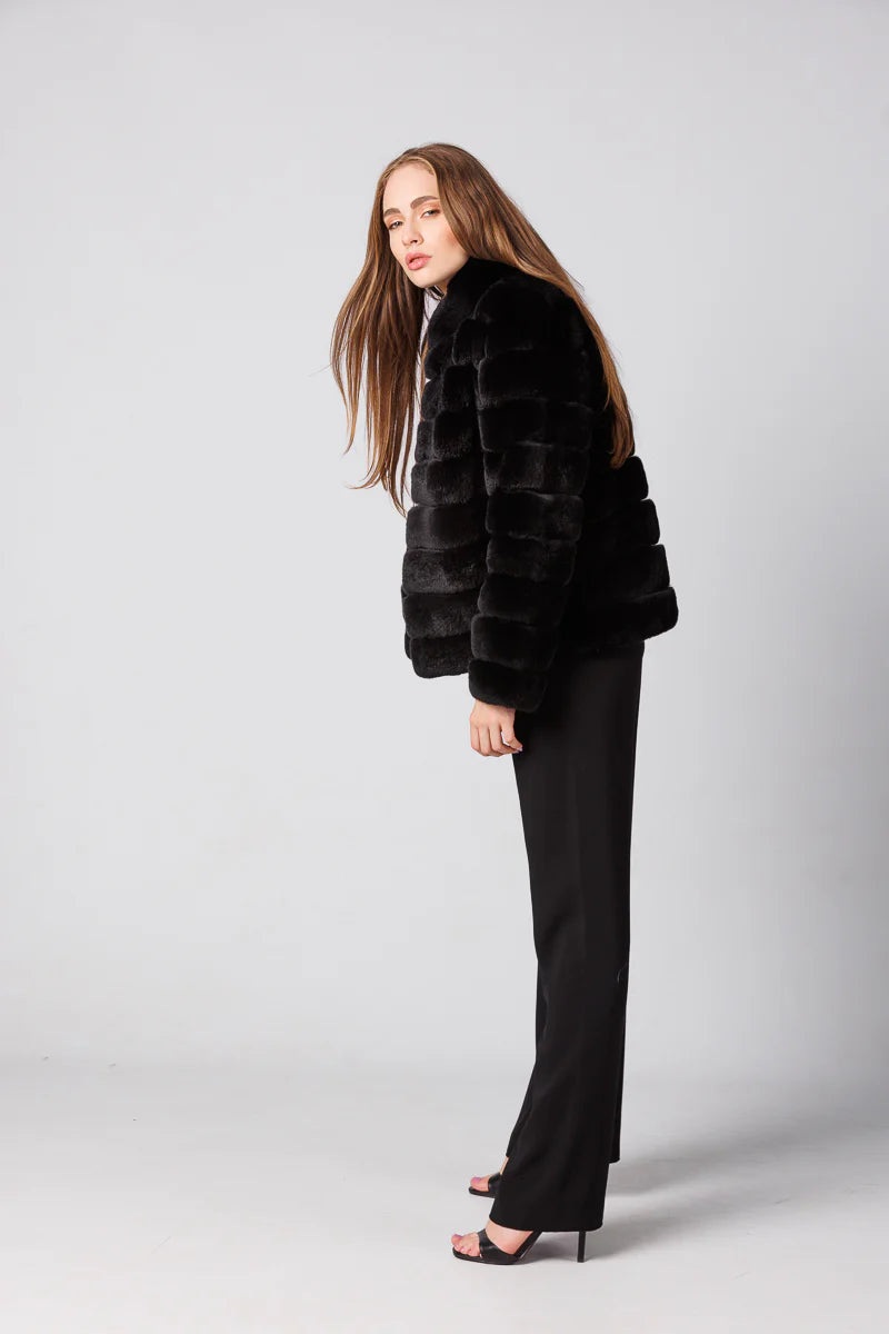 Haină din Blană Naturală de Rex Chinchilla, Guler Tunică, Femei, Obsidian 178