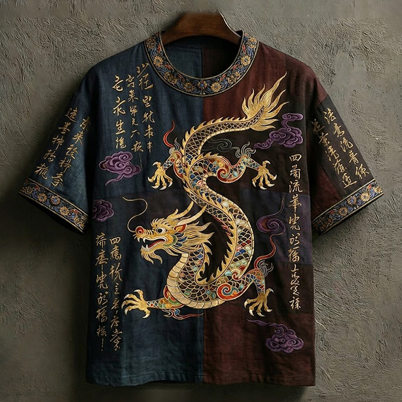 Men's Vintage Japanese Calligraphy Dragon Art Short Sleeve Linen Blend  T-shirt
