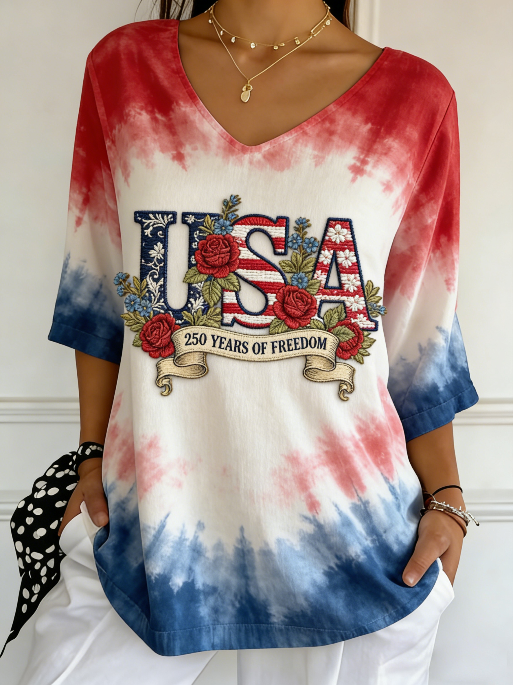 USA 250 Years Of Freedom Floral Embroidered V-Neck Top