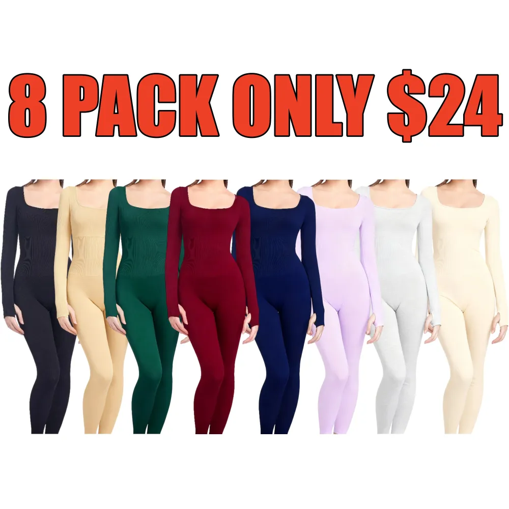 Women Tummy Control Square Neck Ribbed Jumpsuit