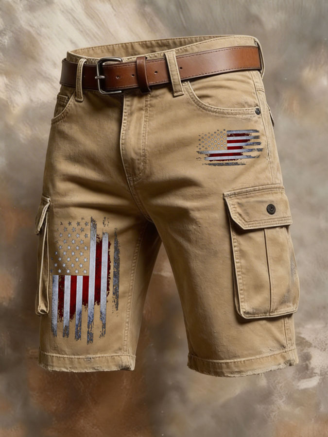 Men'S Independent Japanese American Flag Printed Multi Pocket Design Cargo Pants