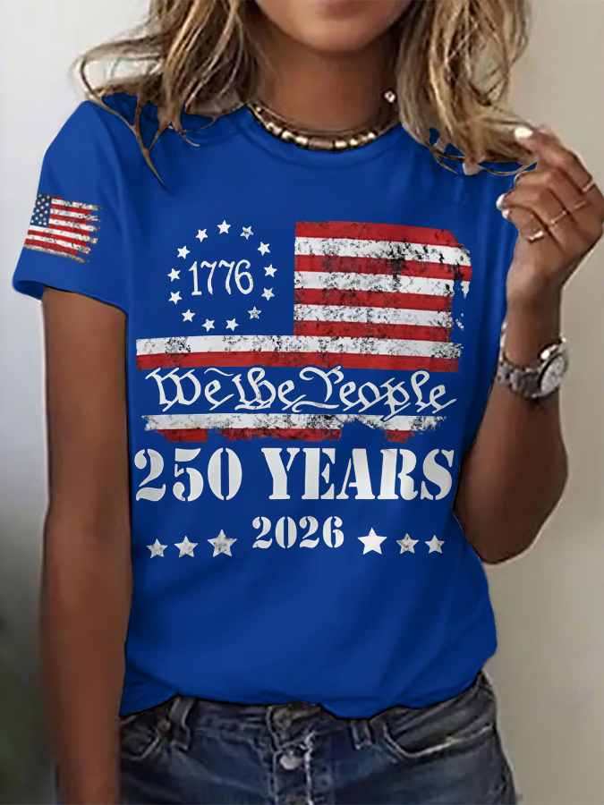 Women'S Retro American Independence Day Commemorative Printed Round Neck T-Shirt