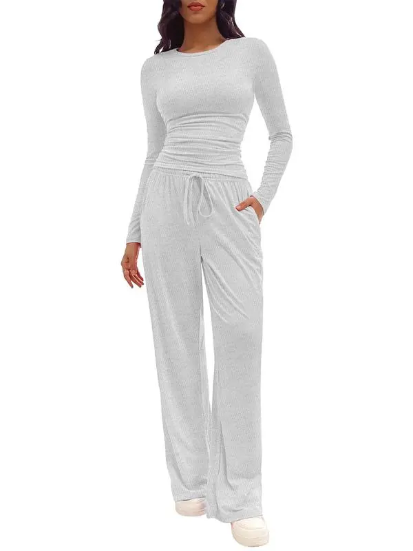 Women's Solid Ruched Tee & Drawstring Pocket Pants Lounge Set