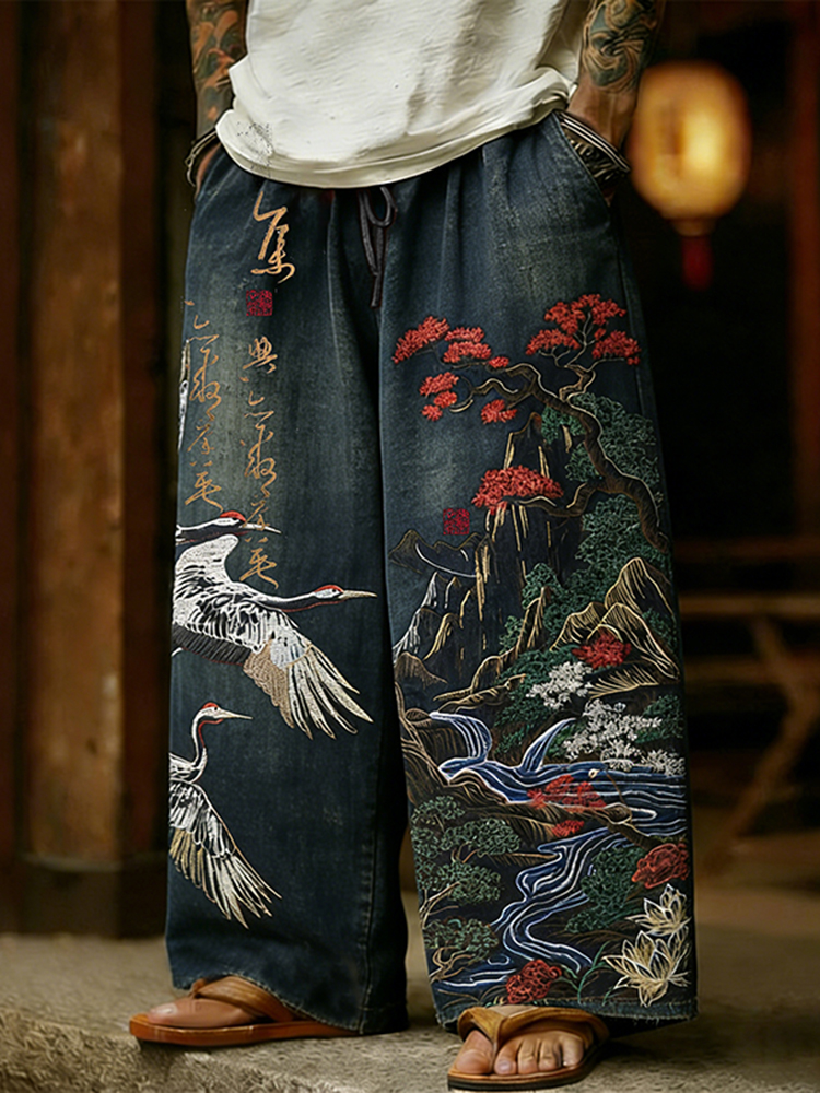 Men's Retro Japanese Crane With Landscape Art Linen Pants