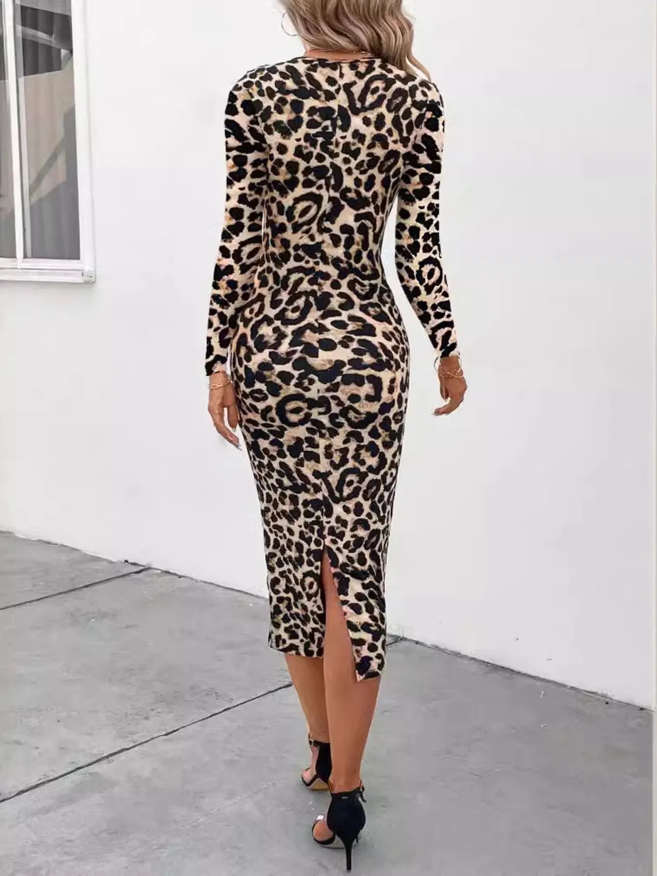 Leopard Print Long Sleeve Bodycon Midi Dress