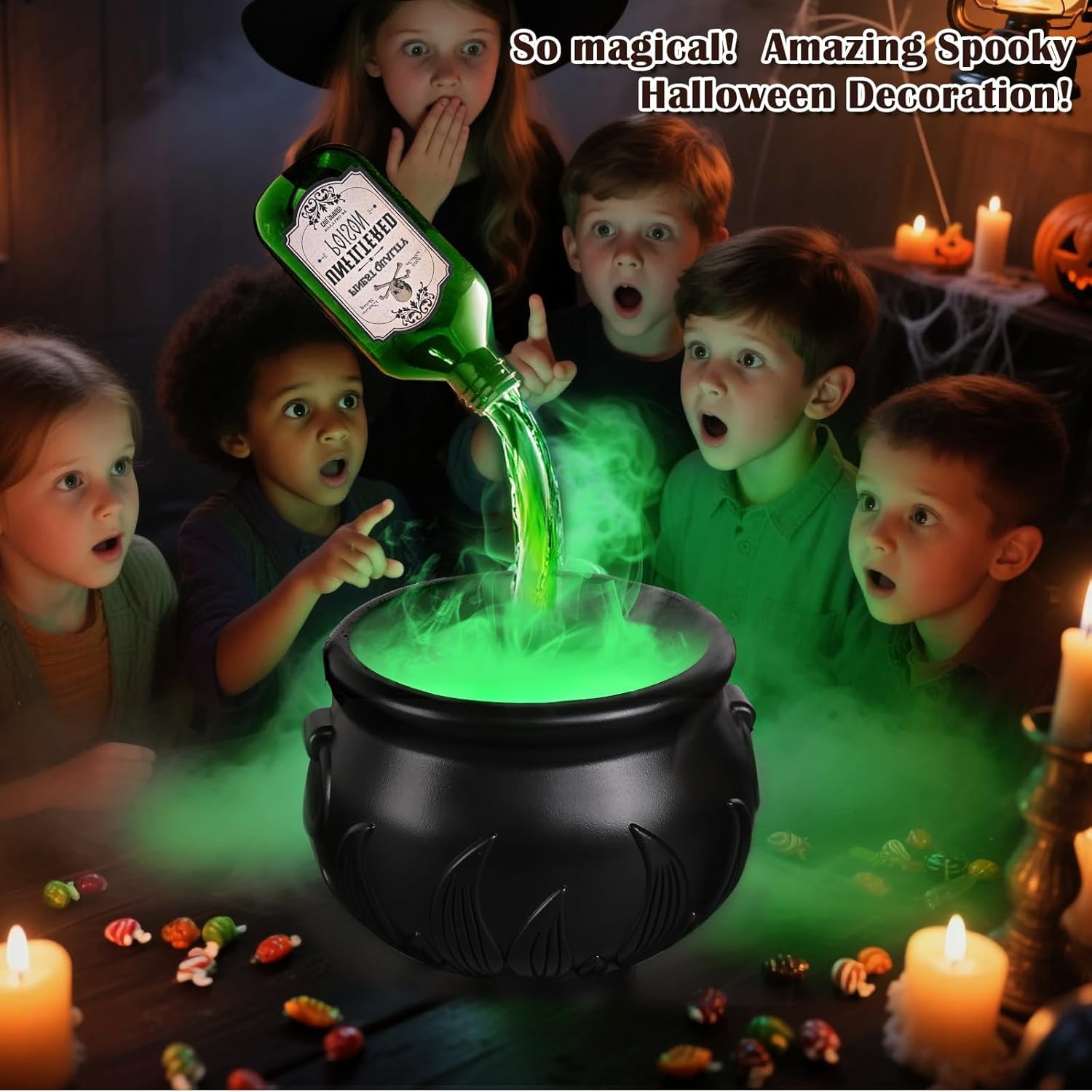 Cauldron Halloween Decor with Magic Floating Potion Bottles and Diffuser