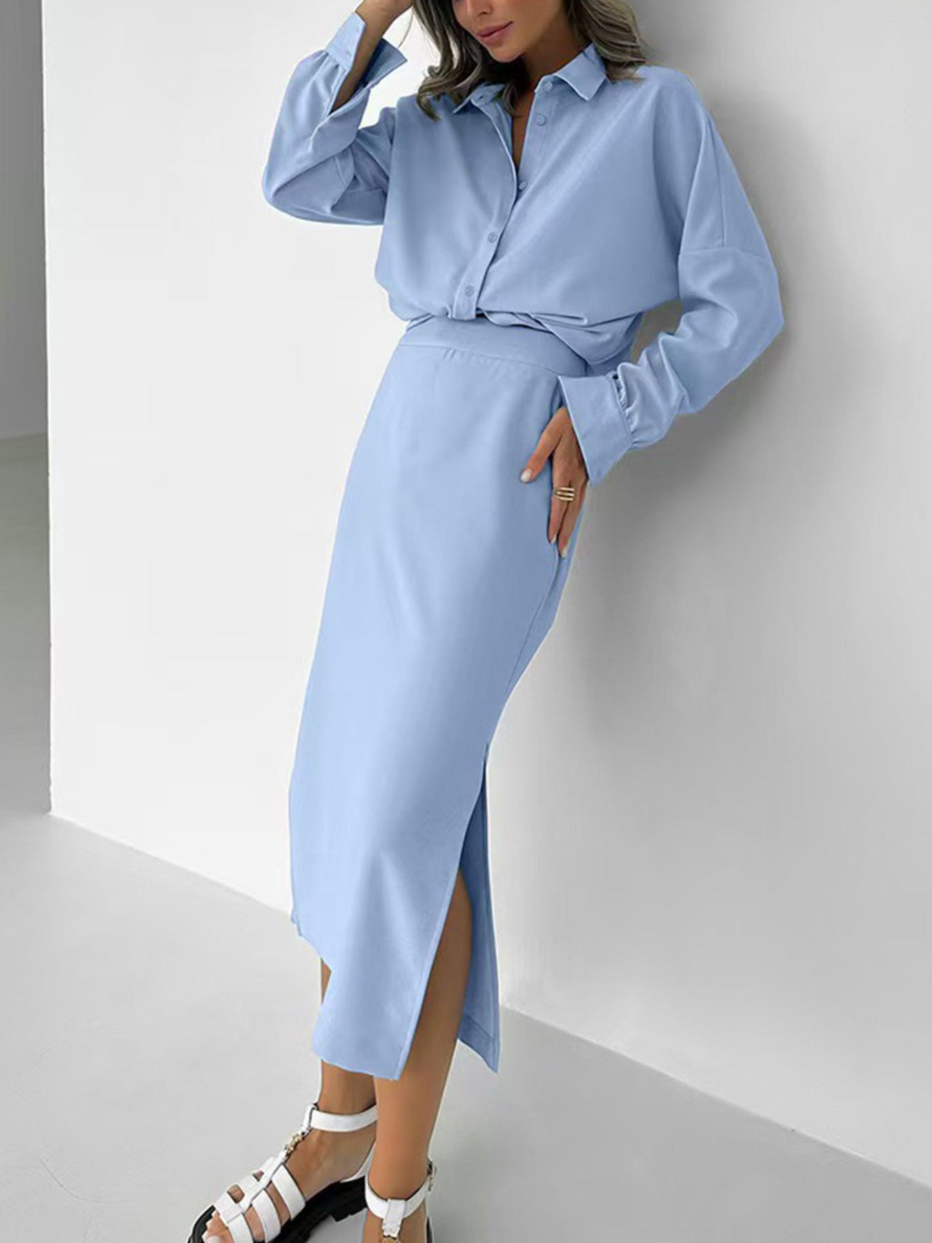Long Sleeve Shirt and Slit Midi Skirt Set