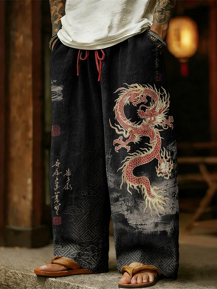 Men's Retro Dragon With Calligraphy Art Linen Pants