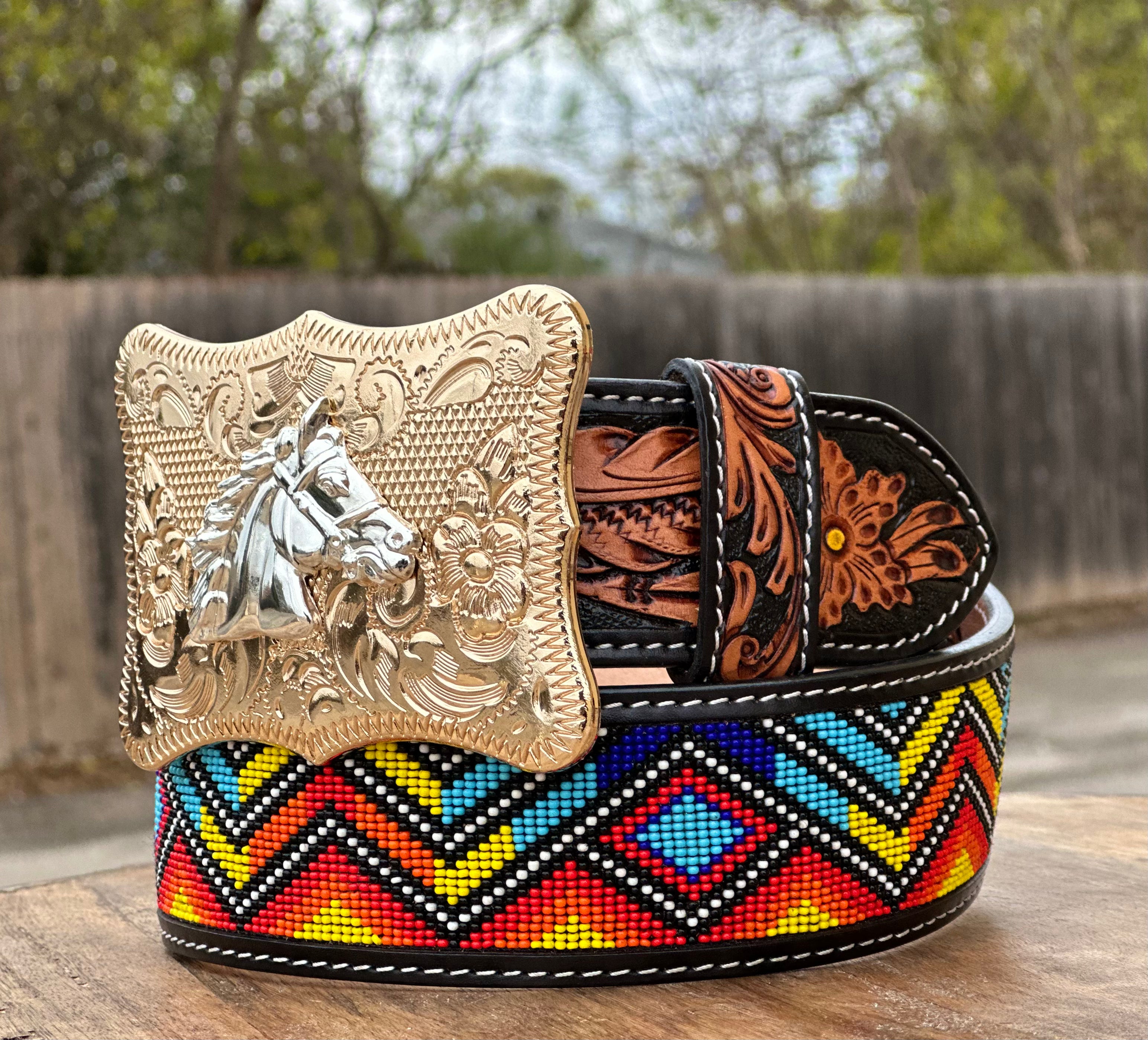 Hand-Tooled Artesanal Tabs With Multicolor Aztec Beaded Leather Belt