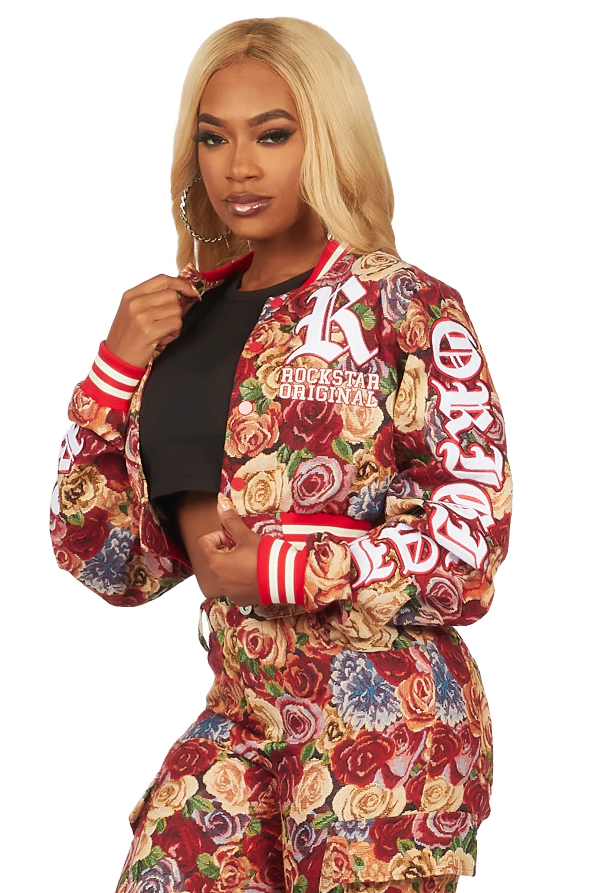 Darresha Red Crop Tapestry Varsity Jacket
