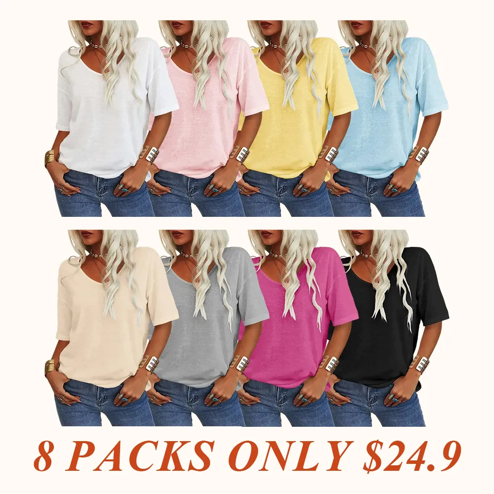 Women Soft V Neck Tshirt Half Sleeve Lightweight Solid Color Loose Fit Minimalist Top