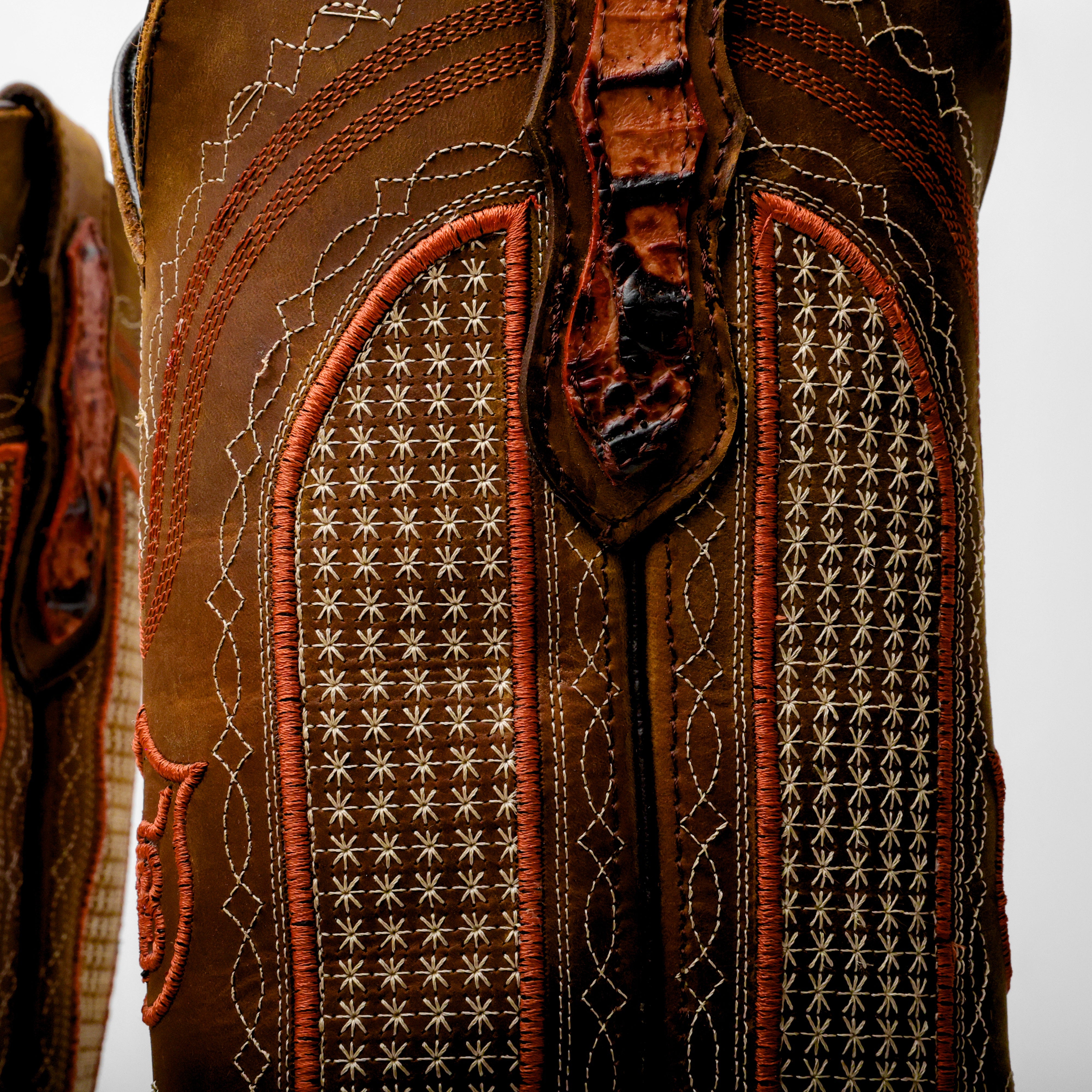 Cognac Caiman Neck Leather Boots - Square Toe