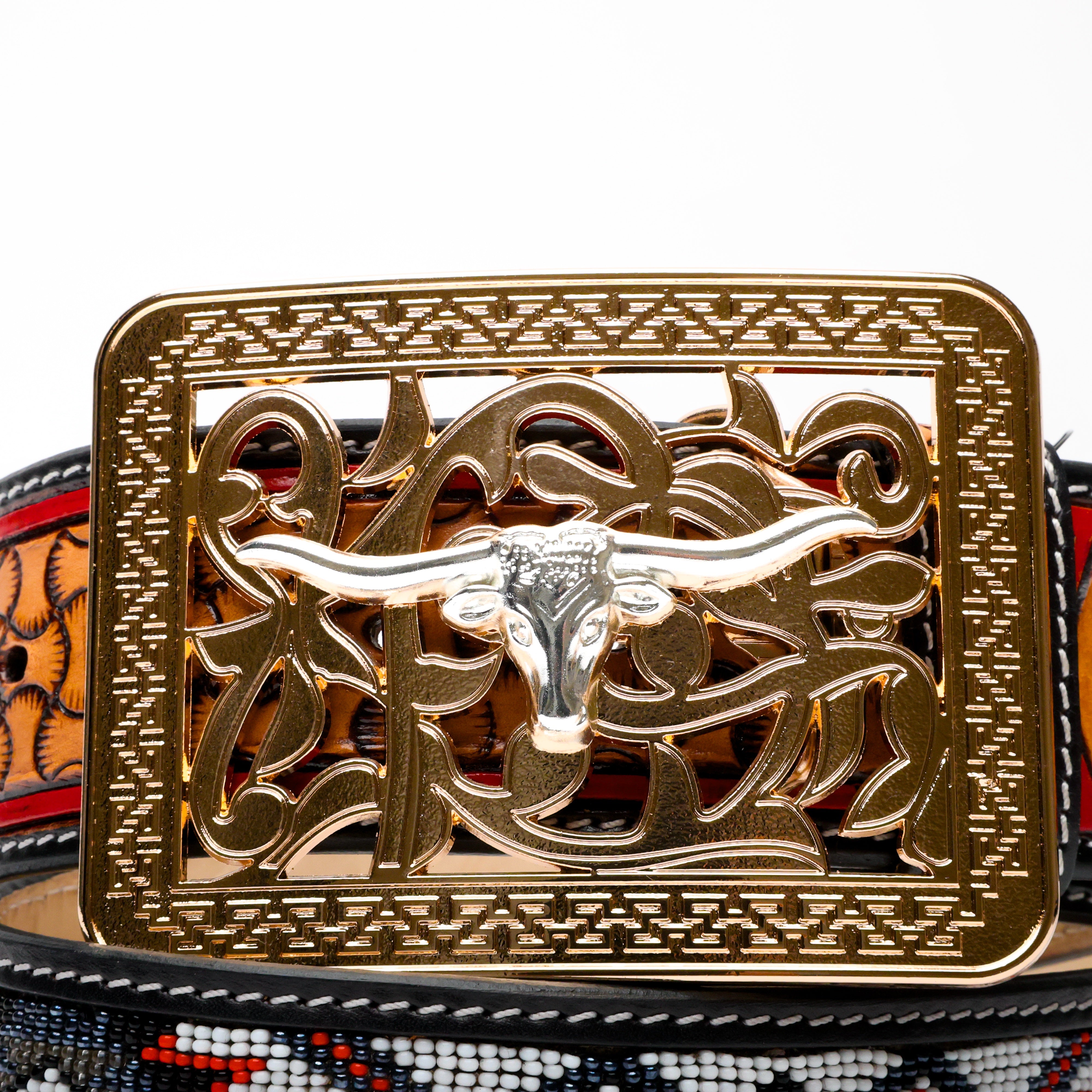 2 Inch Hand-Tooled Artesanal Beaded Leather Belt