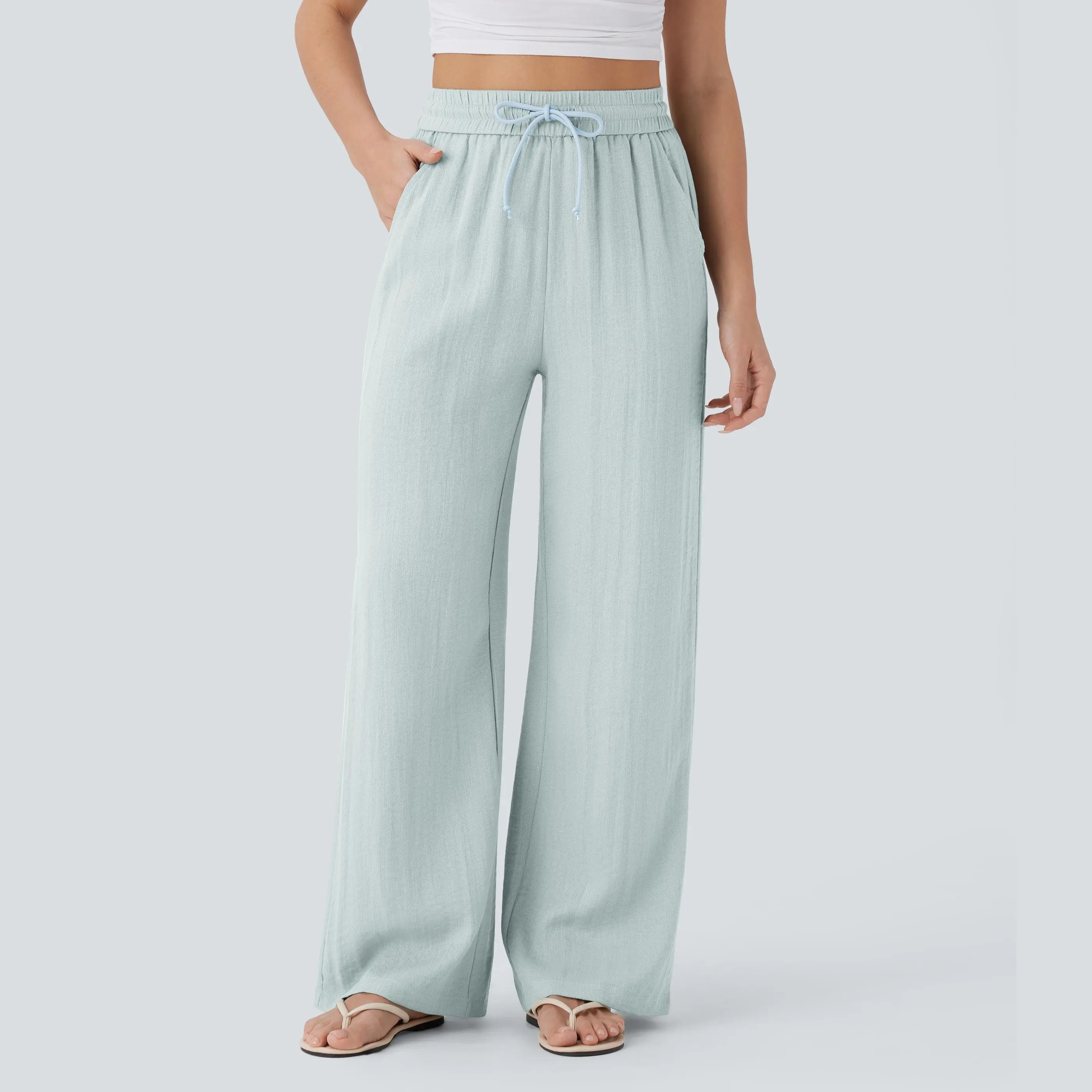🔥🔥Easter Sale!!High Waisted Drawstring Pocket Wide Leg Casual Linen-Feel Pants
