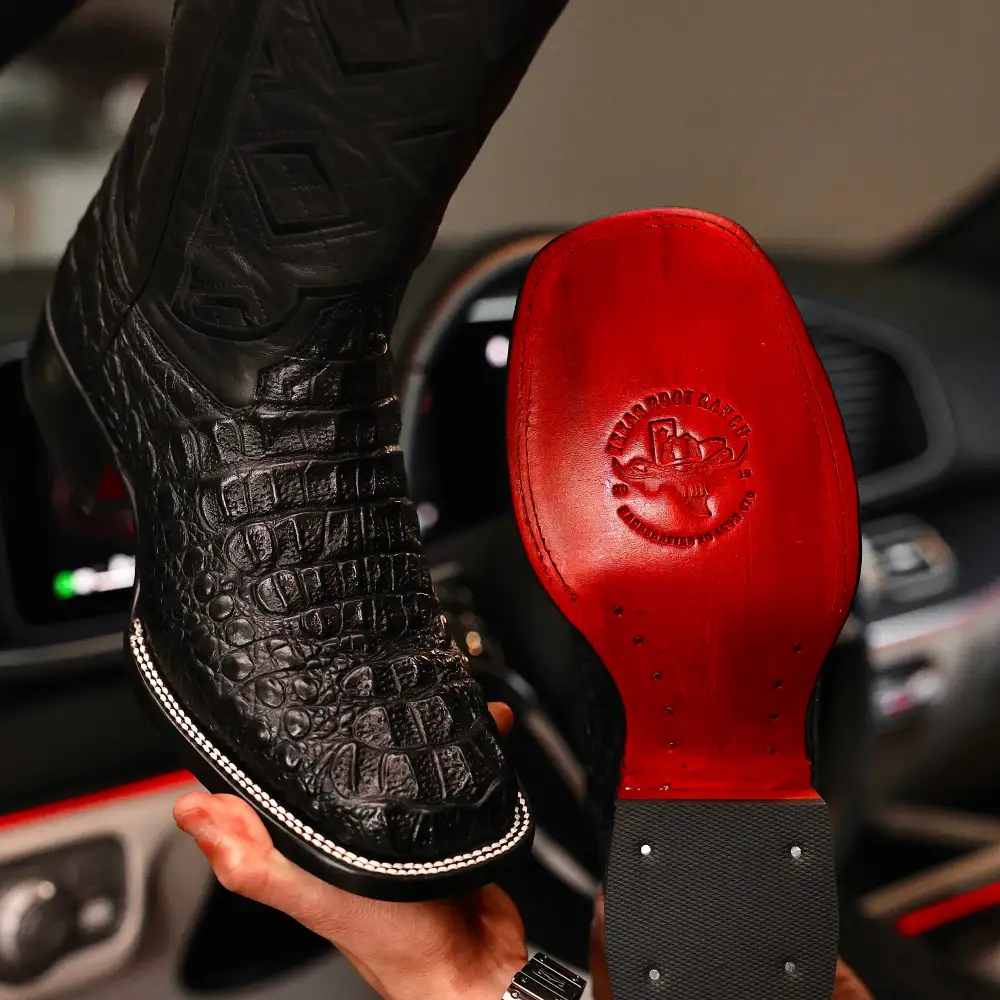 Black Caiman Neck Leather Boots - Square Toe