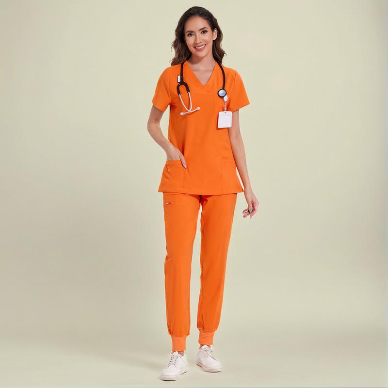 Women’s Stretch V-Neck Scrub Set (Top + Jogger Pants) – 8 Pocket Utility Uniform