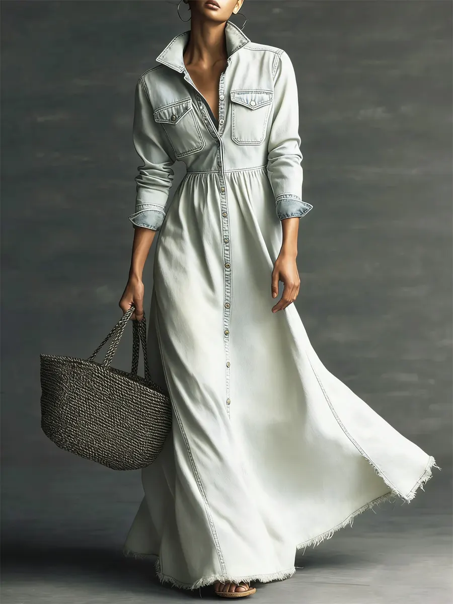 Women Stylish Art Stand Collar Washed Denim Midi Dress