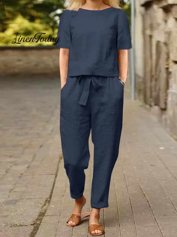 Cotton and Linen Summer Half-Sleeve Oversized Homewear Suit