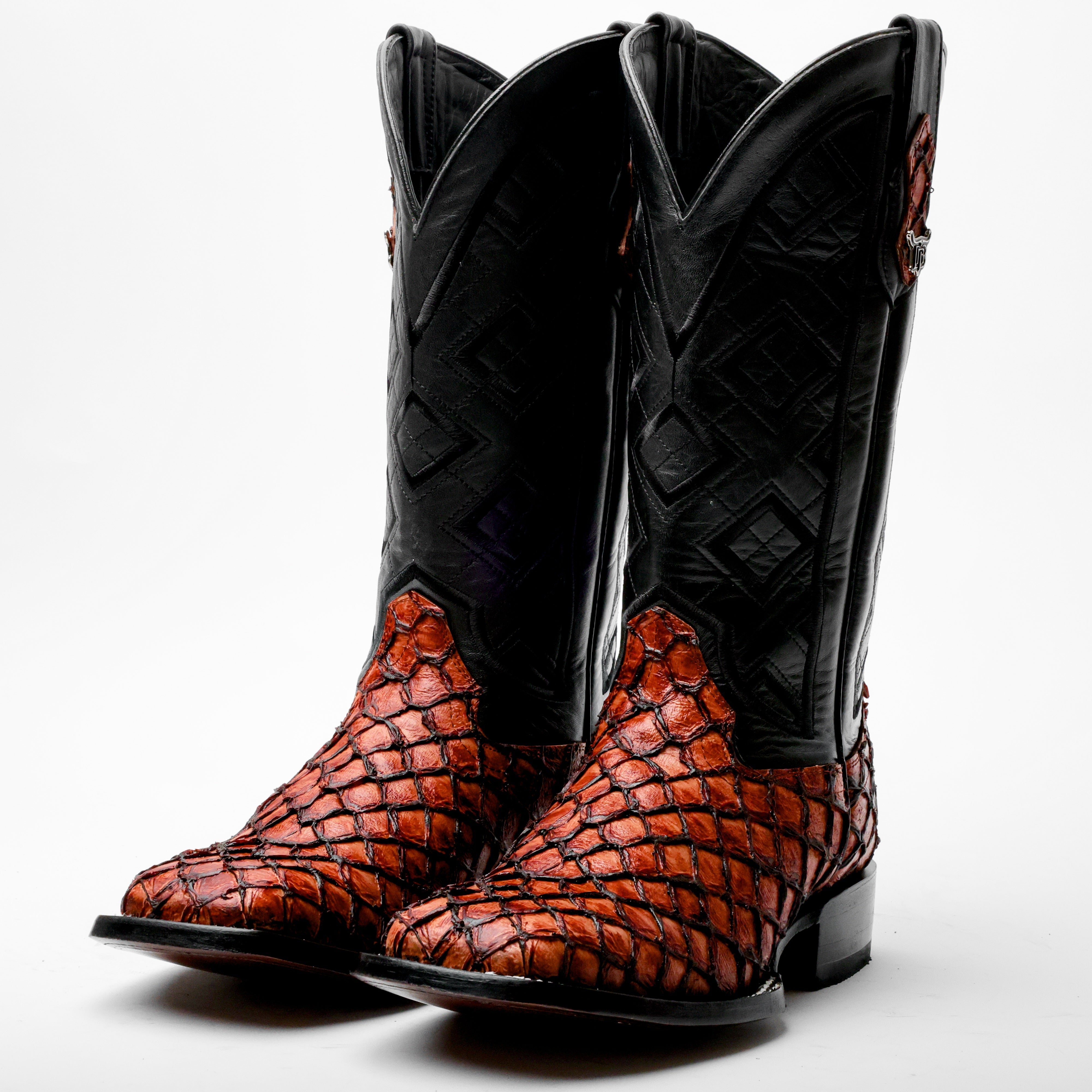 Cognac Mini Pirarucu Leather Boots - Square Toe