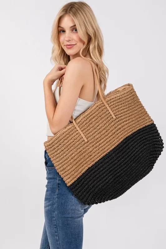 Fame Straw Braided Beach Tote Bag