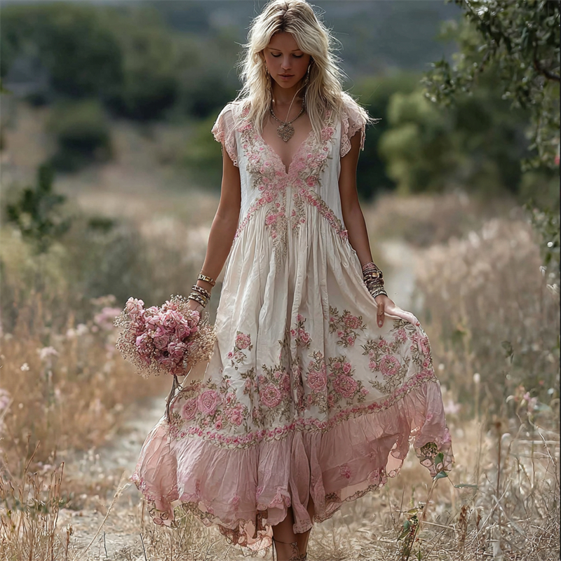 Boho Pink Floral Embroidered Lace Trim Flowy Linen Maxi Dress